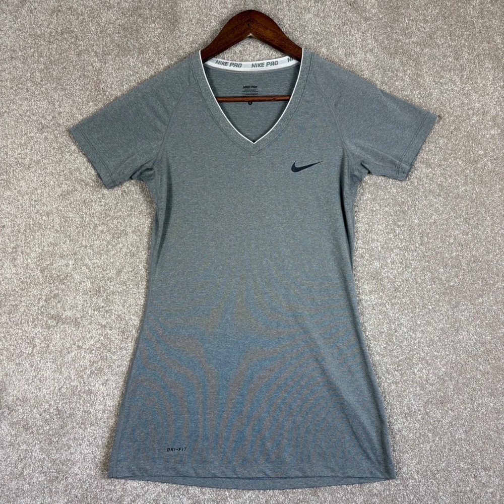 Nike Pro Womens Dri-FIT V-Neck Training Shirt Gray Short Sleeve Small